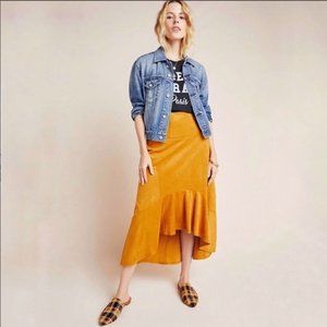 Anthropologie Maeve Cosima Flounced Midi Skirt Golden Yellow Faux Suede Size 18
